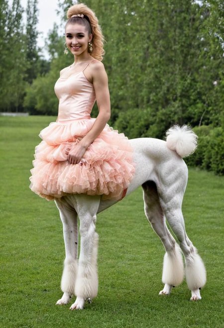 fictional character, raw photo of ultra slim 18-years-old russian female centaur dog with human face, beautiful l>lita dress, poodle lower body, poodle tail, ultra voluminous haircut