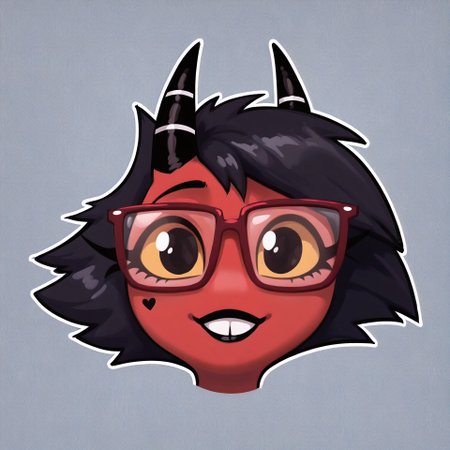 masterpiece, score_9_up, score_8_up, score_7_up, score_6_up, (best quality:1.1), ultra-detailed, high resolution, solo, highly detailed macro illustration, sfw, BREAK 1girl, millie, helluva boss, imp, smile, horns, red skin, black hair, black lipstick, cute, (cute face:1.5), buck teath, long eyelashes, yellow sclera, (beautiful eyes) BREAK mikus-concept, upper body, mikus-nerd, (thick-framed glasses:1.3), round lenses, raised eyebrows, awkward smile, nerd BREAK abstract girly patterned background, sharp focus, perfect lighting, anatomically correct, extremely detailed, high detail, detailed background, OverallDetail, zPDXL3