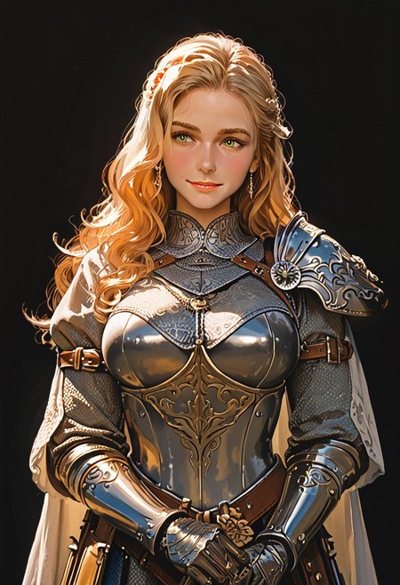 score_9, score_8_up, score_7_up, score_6_up, score_9, masterpiece, 4k, high quality, (best quality:1.1), 1girl, norman rockwell style, Expressiveh, blonde hair, wavy hair, long hair, green eyes, smile, armor, warrior, sword, fantasy, medieval, large breasts, cowboy shot, black background, simple background