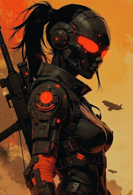 in the style of ck-mgs, nistyle, Inkplash art on rice paper, sepia, henna, Silhouette Art, magnificent, inksplash, closeup portrait, female bounty hunter, flowing black hair, reflective black and neon red armor, futuristic armor, sexy, curvy, large breasts, large ass, a rifle strapped to her back, holstered pistol, holding hand up, abstract background suggesting a harsh desert world, Spaceships flying overhead, dust storm, windy, 
Cowboy Shot, close up,