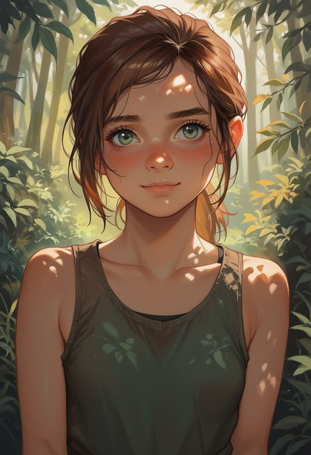 score_9, score_8_up, score_7_up, score_6_up, s1_dram, ncpy13 style,
TLOUEllie, 1girl, ponytail, brown hair, green eyes, solo, brown hair, smile, looking at viewer, blush, sleeveless, shirt, closed mouth, bare shoulders, small breasts, no bra, cowboy shot, upper body, forest
<lora:add-detail-xl:0.7>  <lora:incase-ilff-v3-4:0.25>  <lora:Watercolor Anime Style LoRA_Pony XL v6:0.6>  <lora:S1_Dramatic_Lighting_v2:0.5>  <lora:ncpy13 style_a:0.6> <lora:TLOUEllie:0.7>
