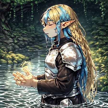 yum4rt, Lapanya, 1 person, pointy ears, 3 fingers 1 thumb, ((Underground cavern background)):1.5, ((snout nose)):1.0, flat chest, side view, light skin, tall, square jaw, yellow irises, ((two-tone hair, light blue hair, blonde undertones)), wavy hair, long hair, ((chubby build, chubby face)), long sleeved black robe, white armor, wet hair, wet clothes 
Underground cavern background 
Standing hip-deep in water, casting water magic, water tendrils 
((clean lines, source: anime, detailed fingers, high quality, best quality, masterpiece, rating: g score: 9, score: 8 up))