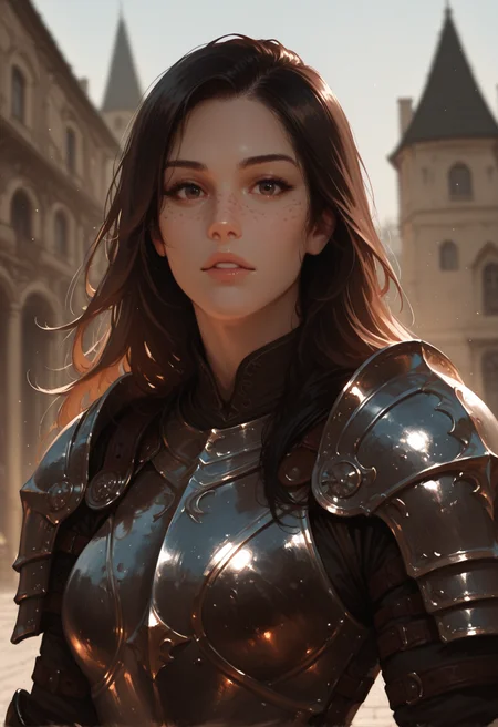 1girl, armor, solo, looking at viewer, long hair, outdoors, realistic, freckles, brown hair, upper body, breastplate, lips, blurry, day, blurry background, parted lips, mole, shoulder armor, building, black hair, masterwork, masterpiece, best quality, dynamic lighting , dynamic pose,,  dynamic angle, , , (realistic:1.2), (lineless:1.2), detailed, <lora:Detailer_NoobAI_Incrs_v1:0.75>, , aged up, adult, depth of field, dynamic lighting, blurry, cheekbones,