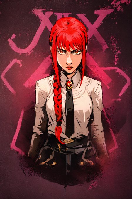 <lora:mak1ma0XL_Pony_v1:0.6> , mak1ma0, (makima:0.8), red hair, long hair, ringed eyes, braid, white collared shirt,black necktie, black pants, 1girl, solo, alone,    <lora:arcane_poster_illustriousXL-000021:1>, arcane_poster_style, masterpiece, highres
