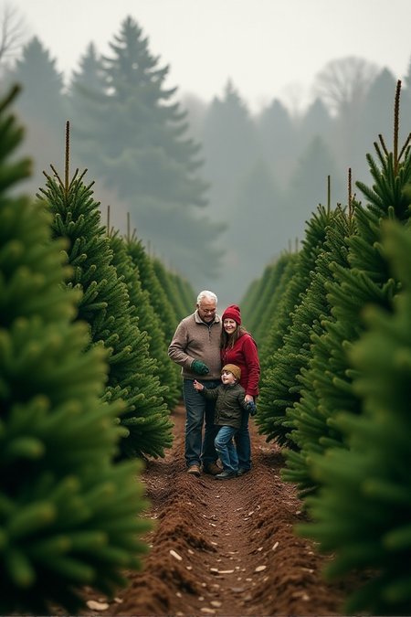 Cinematic style,  <lora:Sinfully_Stylish_.02_for_FLUX:1> A Christmas tree farm, rows of perfectly shaped trees, a family choosing the perfect treeâââ
