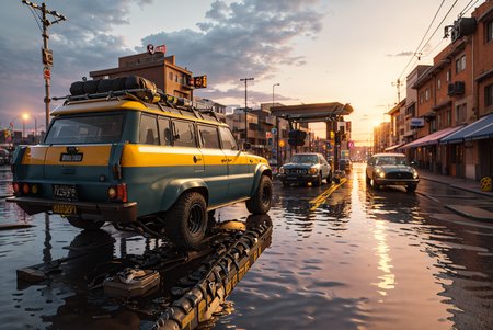 masterpiece, best quality, (3d:1.2),vehicle,street,syberpunk,rain,sunset,
 <lora:Vehicle:0.7>