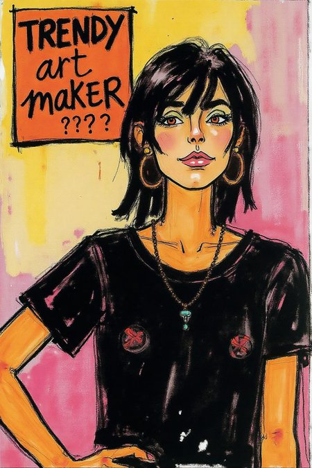 hugop1 illustration. 
A vibrant, abstract painting of a female figure, wearing a black t-shirt. The grunge style blends with frutiger style elements, featuring beautiful vector shapes in a colorful, minimalistic composition reminiscent of 2004 aesthetics. A text block above her head reads TRENDY ART MAKER in bold, swirling script, incorporating the symbols x, ??, and ??. The gradient background adds depth, while sharp details and oversaturated colors create an eye-catching, high-quality artwork that blends vector art with mixed media. This original piece exudes a sense of trendiness, vintage flair, and award-winning quality, making it NSFW. artint, vivid colors,
 <lora:hugop1_cap_d6a3e12:1.0><lora:824403197335612793:0>