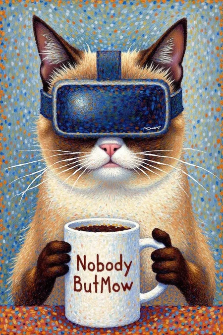 geoseu1 pointillist painting.
Grumpy Cat holding a coffee mug, wearing a VR Headset. The mug has the phrase "NobodyButMeow" printed <lora:geoseu1_cap_d6a3e12:1.0><lora:821037794106396180:0>