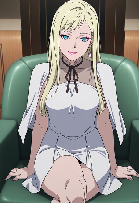 1girl,solo,mm,mature female,long hair,blonde hair,blue eyes,triangle earrings,makeup,lipstick,anime coloring,
white dress,white capelet,sitting,crossed legs, looking at viewer, smile,indoors
,masterpiece,best quality,amazing quality,<lora:Gigi_Andalucia_from_Gundam_Hathaways_Flash_v2:0.8>