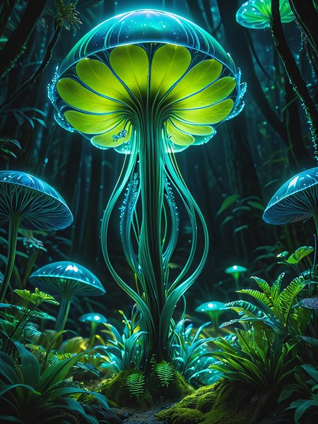 sci-fi movie still frame, the subject is an otherworldly forest on an alien planet, lush, mysterious, bioluminescent, serene, digital mirrorless camera, capturing the vibrant colors and unique textures of the extraterrestrial flora, macro lens, allowing for detailed close-ups of the alien plant life, twilight, with the bioluminescent plants casting an ethereal glow, allowing for vivid color reproduction, The realism level is balanced,  The best type of lighting for this subject is ambient bioluminescent light, creating a magical and immersive atmosphere.  intricate details of the alien flora.  <lora:add-detail-xl:1>   art by mooncryptowow <lora:WowifierXL-V2:0.8>