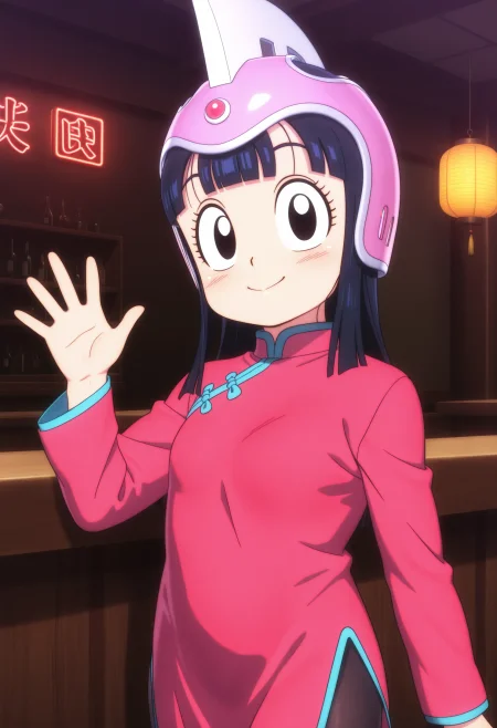 1girl, chi-chi \(dragon ball\), black hair, long hair, black eyes, red china dress, long sleeves, black pantyhose, pink helmet, 
little smile, closed mouth, looking at viewer, (sideways glance:0.8) , standing, cowboy shot, hand up, waving, general,
indoors, bar, dark background, dark, neon lights,
masterpiece, best quality, ultra-detailed, very aesthetic, illustration, perfect composition, intricate details, absurdres, official art, official style, source_anime, anime screencap, anime coloring, newest, intricate, hires textures, high detail, 4k, incredibly detailed, perfect anatomy, UHD, 8K,
| <lora:DB-chichi(yawaniku)_XL(ill01)v10d:1>
