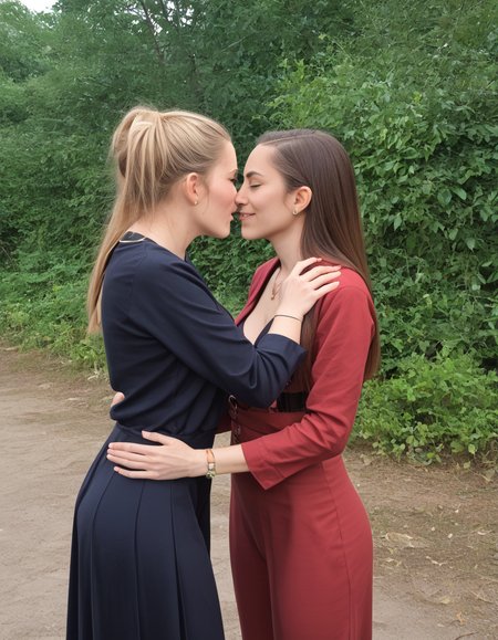 score_9,score_8_up,<lora:Lesbian_Love:1>,2girls,jewelry,outdoors,