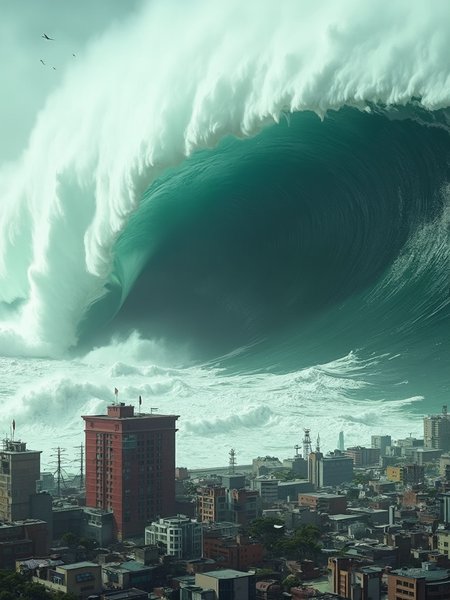  a massive, towering tsunami wave about to engulf a densely populated coastal city. The wave is enormous, with powerful white foam crashing at its crest and a dark green, ominous wall of water rising high above the city. The sheer size and force of the wave are overwhelming, dwarfing the buildings and creating a sense of impending disaster.

In the foreground, the city appears to be modern, with a variety of buildings, streets, and infrastructure visible, including a prominent red building near the center. The scene is chaotic, and the approaching wave suggests that the city is moments away from devastation. The image conveys a powerful sense of nature's unstoppable force and the fragility of human civilization in the face of such natural disasters.