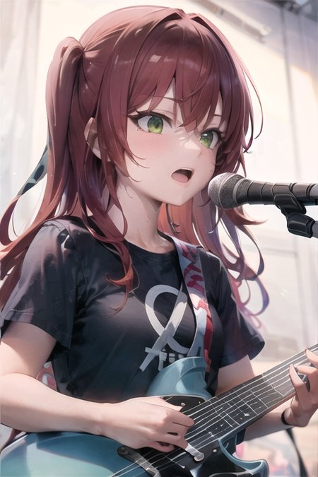 (masterpiece:1.0), (best quality:1.0),1girl, solo,kita ikuyo, side ponytail, (holding instrument:1.2),(guiter:1.2), singing,  black t-shirt, open mouth, looking away,stage,