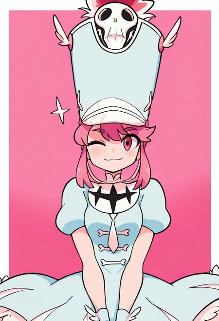 masterpiece, best quality, amazing quality, very aesthetic, absurdres, diives,
masterpiece, best quality, high resolution, absurdres, 1girl, jakuzure_nonon, pink_eyes, pink_hair, short_hair_with_long_locks, small_breasts, shako_cap, blue_hat, blue_dress, turtleneck_dress, white_necktie, puffy_short_sleeves, frills, wrist_cuffs, looking_at_viewer, smile, v_over_eyes, wink, white_border, pink_background