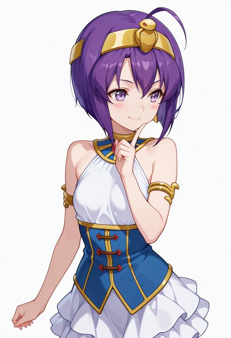 Smooth Quality,masterpiece,very intricate, high quality details, ultra realistic, high detailed skin,detailed enviorement,absurdres,
index finger raised,
 <lora:Medusa_CNR:0.8> medusa_cnr,  1girl, purple hair, short hair, ahoge, bangs,purple eyes, small breasts, hairband, egyptian,, evil smile,, simple background, white background, front view,solo,, halter top, ,waistcoat,   ,frilled skirt,,