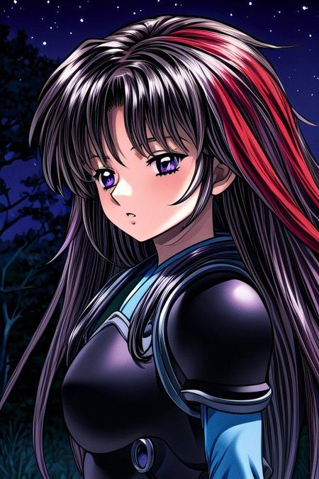 masterpiece,  best quality 1girl Setsun4 solo long hair,  (night time) forest background black hair very long hair purple eyes multicolored hair armor (fur trim) (medium body),<lora:EMS-179-EMS:0.800000>,<lora:EMS-293862-EMS:0.800000>