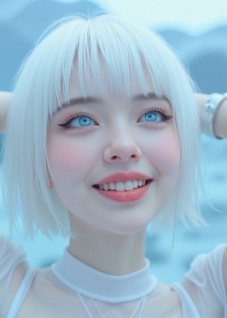 A hyper-realistic close-up of a short haired woman with icy white hair and pale, flawless skin. Her eyes are bright light blue, almost glowing, with digital patterns reflecting in them. Her lips are a deep red, glossy and perfectly shaped. The background is an abstract, digital landscape, with soft gradients and blurred shapes, creating a dreamy, otherworldly atmosphere.

realistic shine to the hair, with soft highlights following the natural flow and texture. Add subtle variations in color and thickness for a more dynamic look. soft, glossy texture to the lips, with realistic reflections and subtle texturing to emphasize the natural folds and curves.

intricate details to the eyes, with a reflective, slightly glossy sclera and subtle shading to create depth. a delicate eyeliner with a soft wing, blending gently into the lash line to enhance the eyes without overpowering the natural beauty.

Leaning back with her arms crossed behind her head, looking up with a wide smile.
