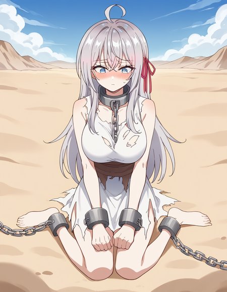 score_9, score_8_up, score_7_up, source_anime, alisamikhailovnakujou, <lora:alisa-mikhailovna-kujou-s1-ponyxl-lora-nochekaiser:1>, alisa mikhailovna kujou, long hair, bangs, blue eyes, hair ribbon, ahoge, grey hair, red ribbon, large breasts,, <lora:rags-ponyxl-lora-nochekaiser:1>, rags, ankle cuffs, ball and chain restraint, bdsm, chain, chained, collar, cuffs, dress, metal collar, restrained, shackles, slave, sleeveless, torn clothes, torn dress,, sitting, wariza, desert, sand, w legs, blush, blue sky, sun,,