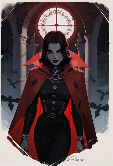 score_9, score_8_up,  score_8_up,  sexy woman, mature face,   vampires, intricate outfit, bobcat hairstyle,  bright red cape,    gothic atmosphere, crows, dark castle, outdoors,  black colors, red colors, detailed background,  simple shadows, flat coloring, flat shadows, thick lines, white outline, Cinematic Composition