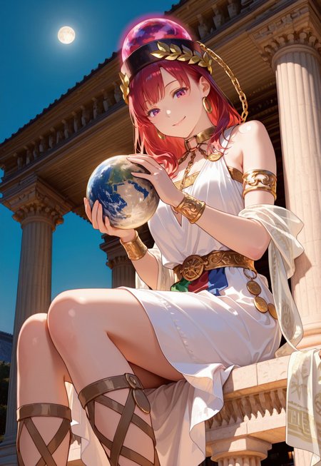 1girl, hecatia lapislazuli,
ancient greek clothes, greco-roman clothes, 
white dress, armlet, clothes, shawl, gladiator sandals,
laurel crown, gold_chain, moon_\(ornament\),  earth_\(ornament\), holding earth with hands,
bare shoulders,
night, split lighting,
sitting on the top of a column, looking down, looking at viewer, playful smile, naughty,
low angle shot, (side view:0.4),
Temple of Hekate, classical Greek temple,
photorealistic,
photo background, real world location,
high res image, masterpiece, perfect quality, best quality, absurdres, scenic, ultra detailed face, detailed eyes,
very awa, HDR