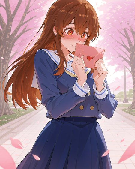 A shy anime girl with short, wavy brown hair and big, expressive eyes holds out a heart-shaped envelope, blushing as she looks away. She stands in a cherry blossom-filled park, petals falling gently around her. Her school uniform is neat, and she clutches the letter nervously, ready to confess her feelings. <lora:detailed_notrigger:1>âââ