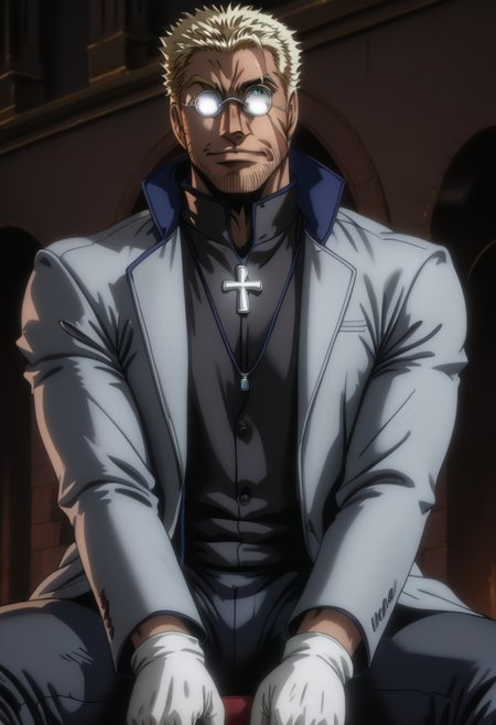 score_9, score_8_up, score_7_up, score_6_up, (perfect anatomy:1.3), perfect proportions, best quality, masterpiece, high-resolution, high quality, aesthetic, absurdres, solo man, male focus, bara, mature, masculine, manly, handsome, charming, alluring, seductive, sitting on operating chair, widely spread legs, (from below, low angle, view between legs:1.2), perfect face, (perfecteyes), mature man, Alexander Anderson, short silver-blond hair, green eyes, face mark, facial hair, wedge-shaped scar on left cheek, round glasses, black clerical collar shirt, buttoned shirt, black pants, black boot, open purplish grey coat, open coat, white gloves, single silver cross necklace, hand behind body