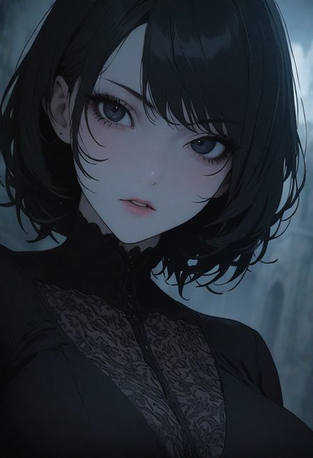 1woman, solo, villainess,, pale skin, black eyes, bob hair, black hair, evil look, big breasts, 
cinematic, (masterpiece), (best quality), (ultra-detailed), very aesthetic, illustration, detailed eyes, perfect eyes, detailed  face, (beautiful detailed face, beautiful detailed eyes) ,extreme details eyes
masterpiece, best quality, amazing quality, very aesthetic, (flat colors:1), (Artist:ilya kuvshinov:1), (Artitst: incase0.65), 1MILF, open eyes, angle, (motion lines:0.3), (motion blur:0.3), mature female,
BREAK 
She wears a gothic gown of sheer black lace over layers of shimmering deep blue, embroidered with silver filigree. Behind her, a gothic palace emerges from the mist, bathed in eerie moonlight.