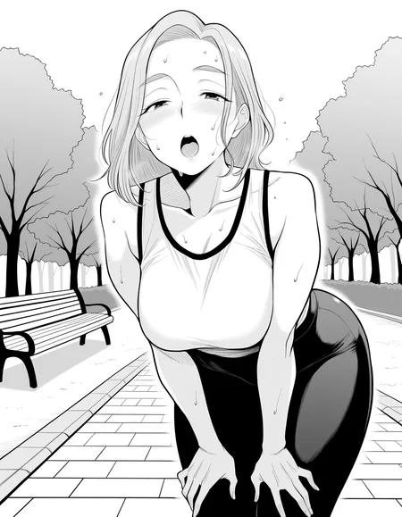 masterpiece, best quality, amazing quality, uncensored, <lora:Haitoku_Sensei-Chichioya_Kounin-000008:0.8>, haitokusen, monochrome, greyscale, 
1girl, medium hair, mature, sportswear, yoga_pants, looking at viewer, gasp, blonde hair, 
in summer, day, dynamic_angle, park, lawn, bench, path, cowboy shot, sweat, hands on own legs, from below, walking, leaning forward,