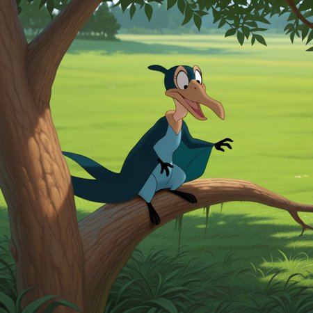 masterpiece, best quality, amazing quality, mamaflyerlbtil, feral, female, Pteranodon, blue skin, black eyes, winged arms, sitting, in a tree, open mouth, grass field, , <lora:1cb79e85-70d0-43f7-a15b-86e25df8b5aa:1.0>