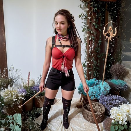 A sexy Caucasian mystical bohemian warrior woman standing with long, side swept, intricate thick brown Jamaican looking dreadlocks adorned with subtle beads and charms. Her look is tribal and futuristic. Her septum is pierced with a golden decorative hoop. She has a leather harness with functional pouches and straps that is worn next to her large bare breasts like suspenders, she has a rainbow-hued scarf that she has around her neck once which hangs down her back toward her waist. She has beautiful pierced nipples. Her perfect natural breasts are large and slightly saggy enhanced by the harness pouches that line her outer body profile. She has super short, very tight black shorts that look painted on and thighhigh black boots that give her a commanding presence. Tattoos adorn her skin, each one glowing faintly with ancient, magical energy. She is the ultimate in beauty. She holds an ornate staff carved from sacred wood, spiraling with intricate patterns. At the top of the staff, rainbow-colored antlers emerge, glowing with bioluminescent hues, and a large crystal radiates a soft, pulsating purple light. The base of the staff is wrapped with mystical artifacts like bones, feathers, and glowing trinkets. bohemian style, bohemian woman, natural ornaments, earthy tones,  
boho fashion, flowers, mandalas, colorful, thighhighs, hud_dr3adlocks, 1girl, brunette hair, long hair, dreadlocks, centerfold, Caucasian, KafkaSDXL,1girl,chest harness, black shorts, KUTits