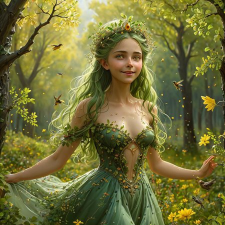 epiCRealism, (masterpiece, extremely detailed, highest quality), the queen of the forest is the most beautiful creature in the woods, cute, sensual, petite with an hourglass figure, wears a see through dress made of tiny interwoven leaves and a crown of flowers, carefree, smiling and happy with beautiful and expressive yellow eyes, open eyes, walking across her glade among flower beds and old oaks and willows, her hair floats behind her catching the wind, her long and green hair is full of small leaves and berries, it is springtime and a storm has just finished leaving trillions of drops, (the air is full of birds, bees, insects and a myriad of small seeds), sunlight, the Sun shines glorious among the heavy stormy clouds sending its rays down to the glade like columns of light
