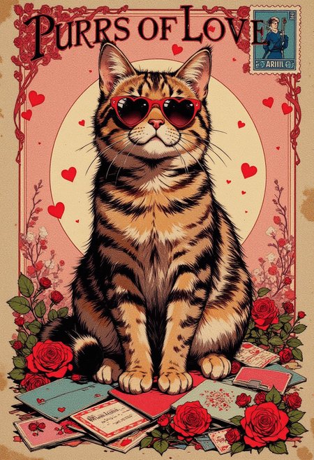 Vintage Postcard Design A retro-style cat wearing vintage heart sunglasses sitting on a pile of Valentine cards. Add the message "Purrs of Love" in an elegant vintage font, Include elements like airmail borders, and roses.