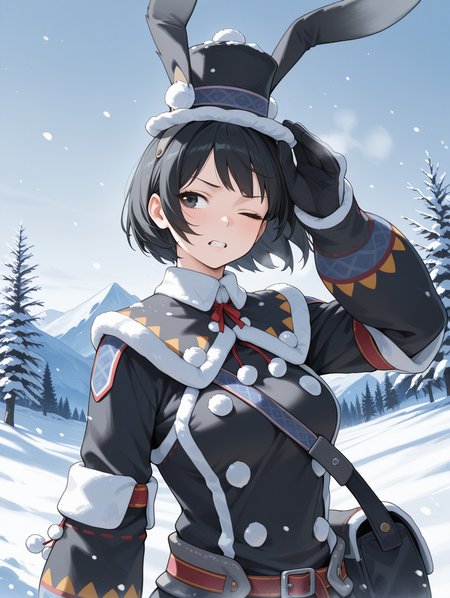 snowbaron lagombi armor,solo,black hair,black eyes,short hair,1girl,upper body,standing,looking to the side,mountain, tree, winter, snow,black fur-trimmed top hat,black fur-trimmed capelet,black fur-trimmed coat,black fur-trimmed gloves,black bag,covering_head,wind,snow,clenched teeth,one eye closed, Blizzard
masterpiece,best quality,amazing quality,very aesthetic,absurdres,newest,<lora:Snowbaron Lagombi Armor illuXL v1:0.75>,