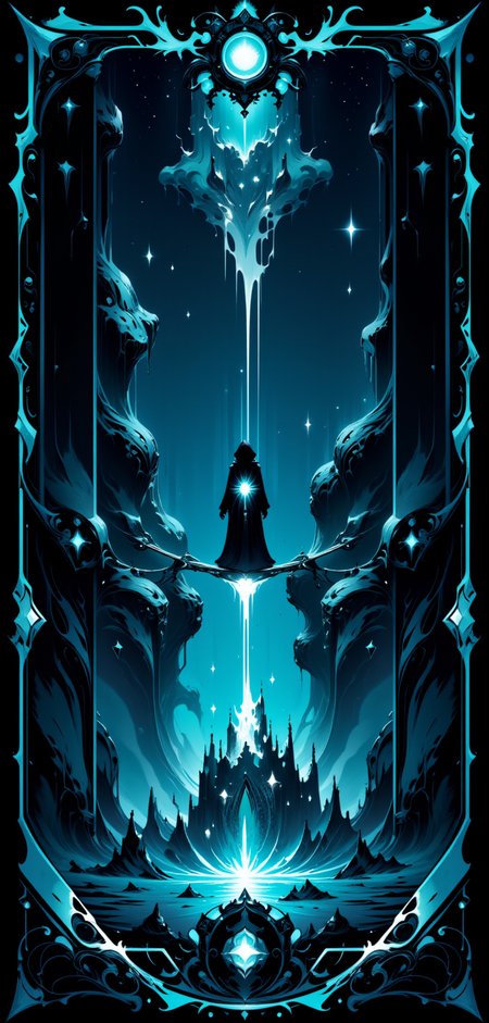 "A stylized Tarot card named 'The Voidwalker,' showcasing a figure cloaked in deep shadow, walking a tightrope between two towering, surreal structures made of glowing, translucent material. The Voidwalkerâs form is partially transparent, revealing an internal network of light that pulses like a heartbeat, guiding their steps through the void. Below them, an endless abyss of swirling, neon fog and fractal patterns stretches into infinity. The background is a haunting, surreal landscape filled with floating, abstract shapes and distant, flickering lights, creating a sense of tension and the unknown. The cardâs border is intricately designed with sharp, angular patterns and soft, flowing lines, glowing in deep blues and grays."
<lora:abstract_render_flux:0.4>,<lora:Painted_World_Flux:0.8>,<lora:Dreamwave_FLUX:0.6>,<lora:dreamlands_flux:0.6>,