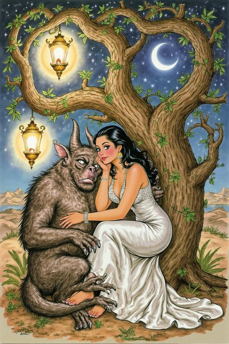 d0sn Illustration of a scene from Arabian Nights, rendered in intricate, colorful detail. A beautiful woman and a sleeping demon. The woman sits gracefully under a sprawling tree with lush, curving branches and hanging vines. She has striking, almond-shaped eyes, dark flowing hair, and wears elegant traditional attire with ornate jewelry that glimmers softly under the moonlight. Her expression is calm and serene as she gazes thoughtfully into the distance. Resting his head gently on her lap is a large demon with a powerful, otherworldly presence. The demon, though fearsome in size, appears vulnerable as he lies beside her. His skin has a muted, earthy tone, and his features--sharp and beastly--are softened by a look of weary contentment. His claws are retracted, and he exudes a mixture of strength and peace in her presence. The tree's twisted branches arc above them, framing the scene like a natural canopy. Golden lamps hang from the tree, casting warm, soft light, illuminating the two figures in a magical glow. The background is a deep, starry night, with hints of distant desert dunes and a crescent moon overhead, creating an enchanting and mystical ambiance that draws the viewer into this world of fantasy and myth.  <lora:d0sn_illus1_fl_d6a3:1.0><lora:803604663585803813:0>