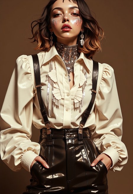 This is a highly stylized, high-resolution photograph featuring a young woman with a distinctive, avant-garde aesthetic. She has a light skin tone and wavy, shoulder-length hair with a mix of dark brown and blonde hues. (Her face is adorned with a lot of metallic, silver face paint that covers her eyes, lips, and chin, giving her a futuristic, otherworldly appearance). She wears a white, long-sleeved blouse with puffed sleeves and a high collar, which is slightly open at the neck. The blouse is embellished with silver sequins and fringe, adding a touch of glamour and texture. Her accessories include black suspenders that drape over her shoulders, adding a retro, yet edgy element to her outfit. She also wears high-waisted, shiny black pants that have a glossy, almost wet look, suggesting a latex or vinyl material. Her hands are elegantly placed, with one in her pocket, giving a sense of casual confidence. The lighting is soft and warm, highlighting the textures and metallic sheen of her outfit and makeup. The overall style is reminiscent of fashion. w3p0rtra1t, MOSH, ff-desolascape, (dark background)