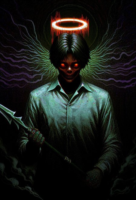 masterpiece, very aesthetic, newest, high score, best quality, absurdres,  End_Dynasty_Warriors_4, 1solo, 1boy, male focus, shirt, upper body, collared shirt, abstract, short hair, face halo, vapor, smoke, glitch, horror (theme), glowing, spear, holding weapon
