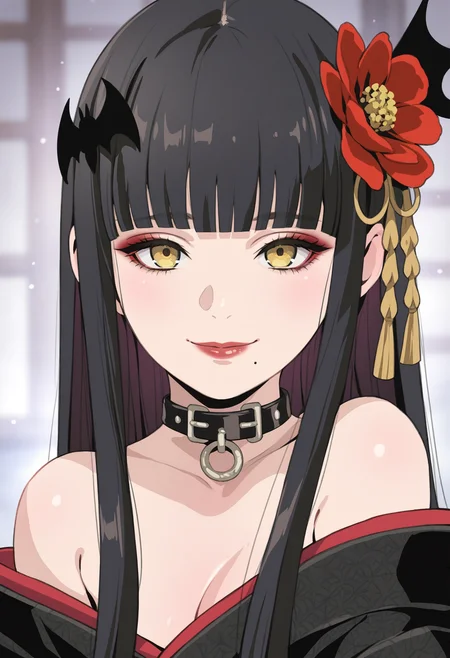 masterpiece,best quality,amazing quality,
1girl, hyur, black hair, flower, solo, bangs, mole, long hair, hair ornament, hair flower, mole under mouth, blunt bangs, black collar, straight hair, red lips, looking at viewer, portrait, japanese clothes, kimono, off shoulder, upper body, collar, bare shoulders, yellow eyes, smile, sidelocks, makeup, blunt ends, bat hair ornament, black kimono,
 <lora:Saeki Tatsuya_epoch_9:1>