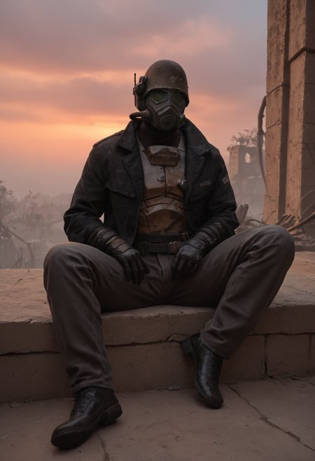 (score_9, score_8_up:1.1), score_7_up, realistic photograph
d3sertranger, helmet, 1boy, reclining male solo, (muscular), black gloves, gas mask, black jacket, full body, front view, night starry_sky sunset city ruins, <lora:desert_ranger_v1.1.6_pony:1>