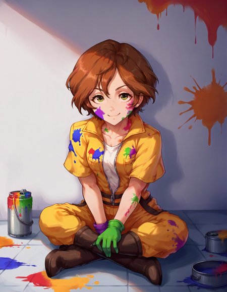 score_9,score_8_up,score_7_up,1girl,solo,sitting on floor,arms between legs,crossed legs,looking up,satisfied smile,front view,paint splatter,painted wall,paint can,paint stains,art brush,
<lora:yoshiokasaki_ponyXLV6:0.8>,cgys,ysha,brown hair,short hair,wavy hair,green eyes,jumpsuit,work 
 gloves,long boots