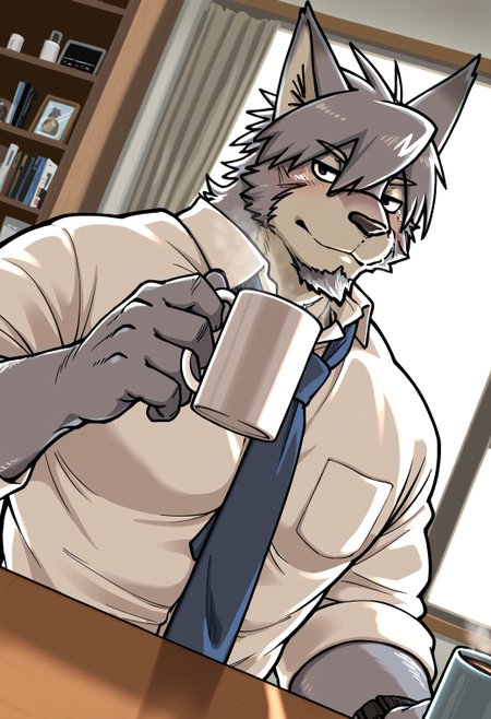 best quality, amazing quality, very aesthetic, absurdres, newest, mitsuhisa_aotsuki, morenatsu, solo, furry male, bara, facial hair, black eyes, grey body, two-tone fur, blue tie, white shirt, coffee mug, seductive, room, dutch angle, detailed background, <lora:Mitsuhisa_Aotsuki_Morenatsu_Illustrious:1>