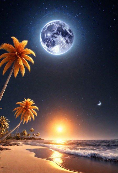 ocean, crashing waves SILVER LIQUID METAL , stars, moon, palm trees, beach, night, Inspiration, orange, yellow, 8k, best render, masterpiece, great, best scenery, beautiful, photorealistic, Milky Way, Night sky
