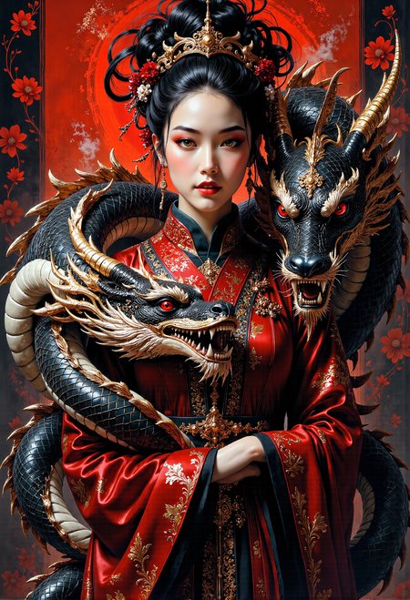 A striking and intense portrait of a regal woman entwined by an elaborate dragon. She stands with an air of authority, dressed in traditional East Asian attire with rich, intricate patterns in shades of deep red and black, adorned with golden floral accents. Her black hair is elegantly styled in an elaborate updo, decorated with delicate red and gold hairpins that add a touch of royalty and mystique. The dragon coils protectively around her, its scales a complex texture of black and ivory with gold highlights, and fierce, red eyes that gleam with intelligence and ferocity. Its head hovers close to hers, displaying sharp, menacing teeth and a determined gaze. The background is a bold red with a black floral pattern, amplifying the dramatic, mythical atmosphere of the scene. The lighting casts a warm glow, accentuating the textures and fine details of both the womanâs attire and the dragonâs scales, creating an atmosphere of ancient power and mysticism. <lora:aidmaMJ6.1-FLUX-V0.1.safetensors:0.5>, <lora:FluxMythP0rtr4itStyle.safetensors:0.75>, <lora:artisketchyfs-v02.safetensors:0.5>,    <lora:ARTifacts.safetensors:0.5>,