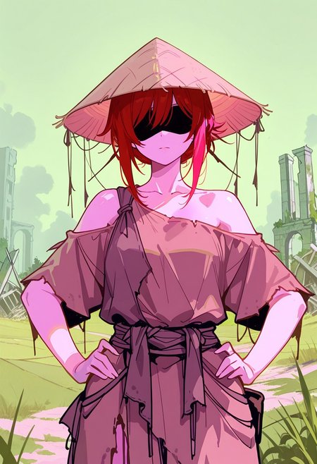 concept art, masterpiece, best quality, 1girl, portrait, rice hat, green field, hands on hips, eyes hidden by shadow, covered eyes, rags, red hair, ruins, bare shoulders