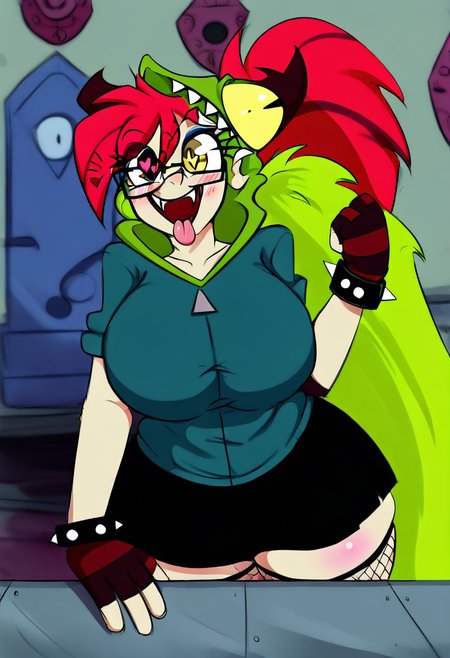 1girl, brackets,smiling,heart eyes,tongue out, nerd,school uniform,glasses, fishnet stockings,miniskirt.clothes,snuddy,blushing, voluptuous, huge breasts, large breasts, curvy figure, busty, seductive, thick thighs, busty, solo, looking at viewer,(inside the train background),pony tail hairstyle, demencia, red hair, green ponytail, green monster hood, yellow eyes, sharp teeth, dark blue hoodie, red sneaker, blue sneaker, black skirt, smile, eyeshadow, spiked bracelet, glove