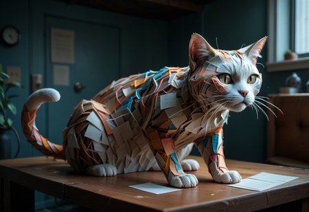 PonyXLV6_Scores, end_tripwire_morph, neon, wires, made of wires, cables, outlined with wires and neon, neon outlines, wire sculpture, neon wire sculpture, endposit_notesmorph, paper sticky notes,  made from 3m post it notes, post it notes, paper texture, cat,