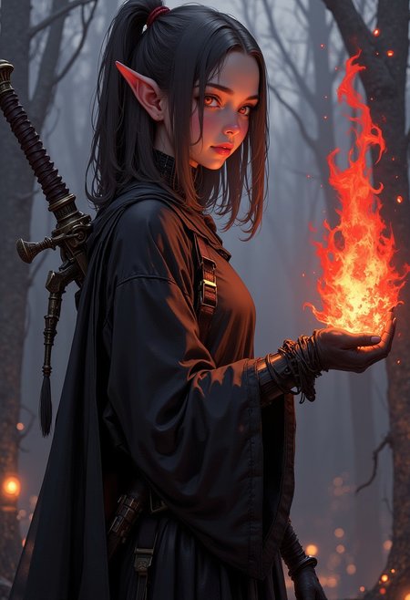 D4rkCyb3rDyn34n1m3 style, This is a dark fantasy illustration of a young elf mage holding a fireball in her hand, Large  blade on her back. dark, grainy, dark red flame