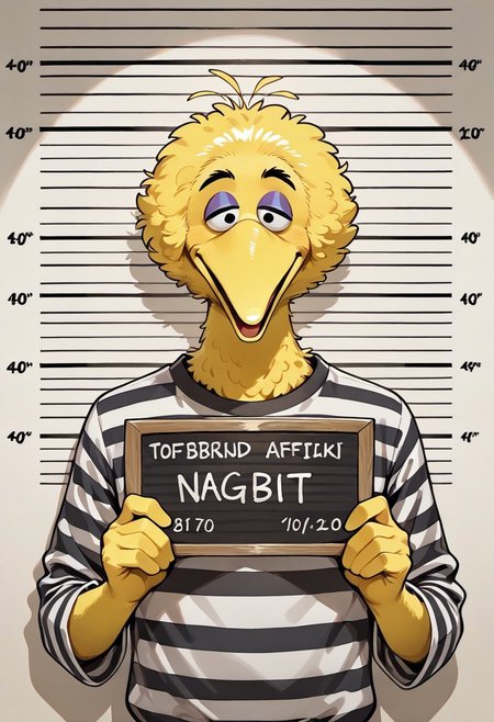 BigBirdSS, 1boy, bright yellow feathers, large black eyes, yellow beak, <lora:Mugs_Shots:1> mugshot, holding sign board,  height chart,  prison clothes, striped shirt,