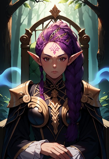 score_9, score_8_up,score_7_up, source_anime, 1girl, solo, <lora:EPfePetra:1>, 
EPfePtr, brown eyes, long hair, purple hair, single braid, braided ponytail,
elf, pointed ears, black armor, dark forest, throne, crown, intricate, elegant, gothic, mystical, fierce, commanding, magical aura, glowing runes, dark background, fantasy, regal